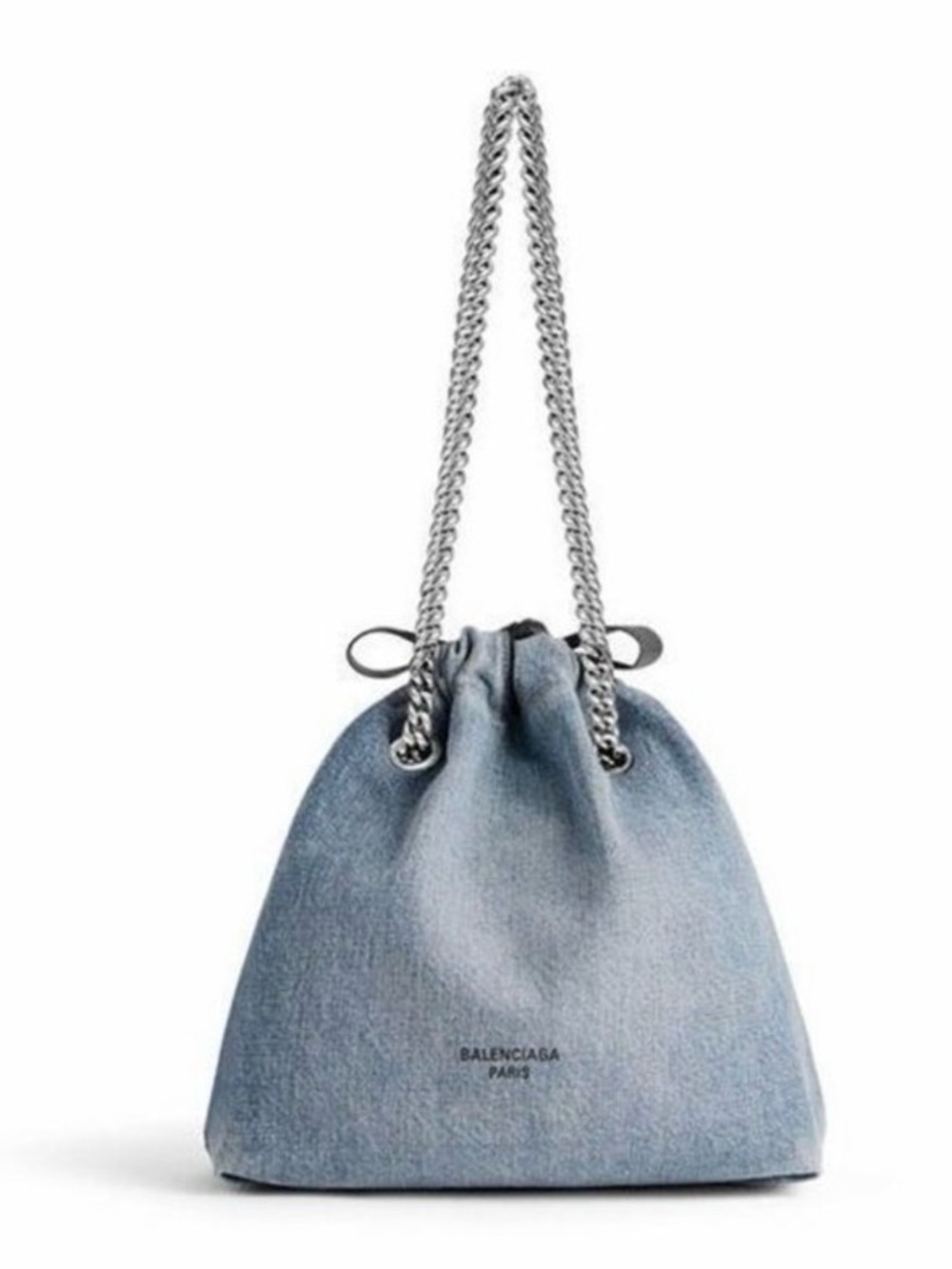 Balenciaga Denim Small Crush Bucket Bag with Silver Chain Strap